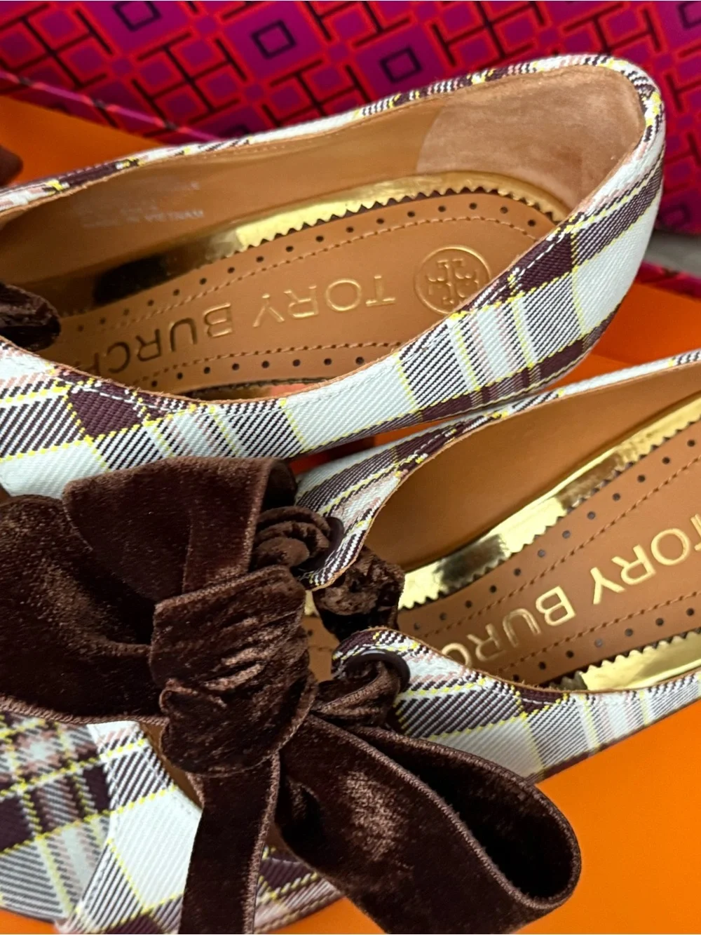 Tory Burch Brown and Cream Plaid Peep-Toe Flats with Velvet Bow